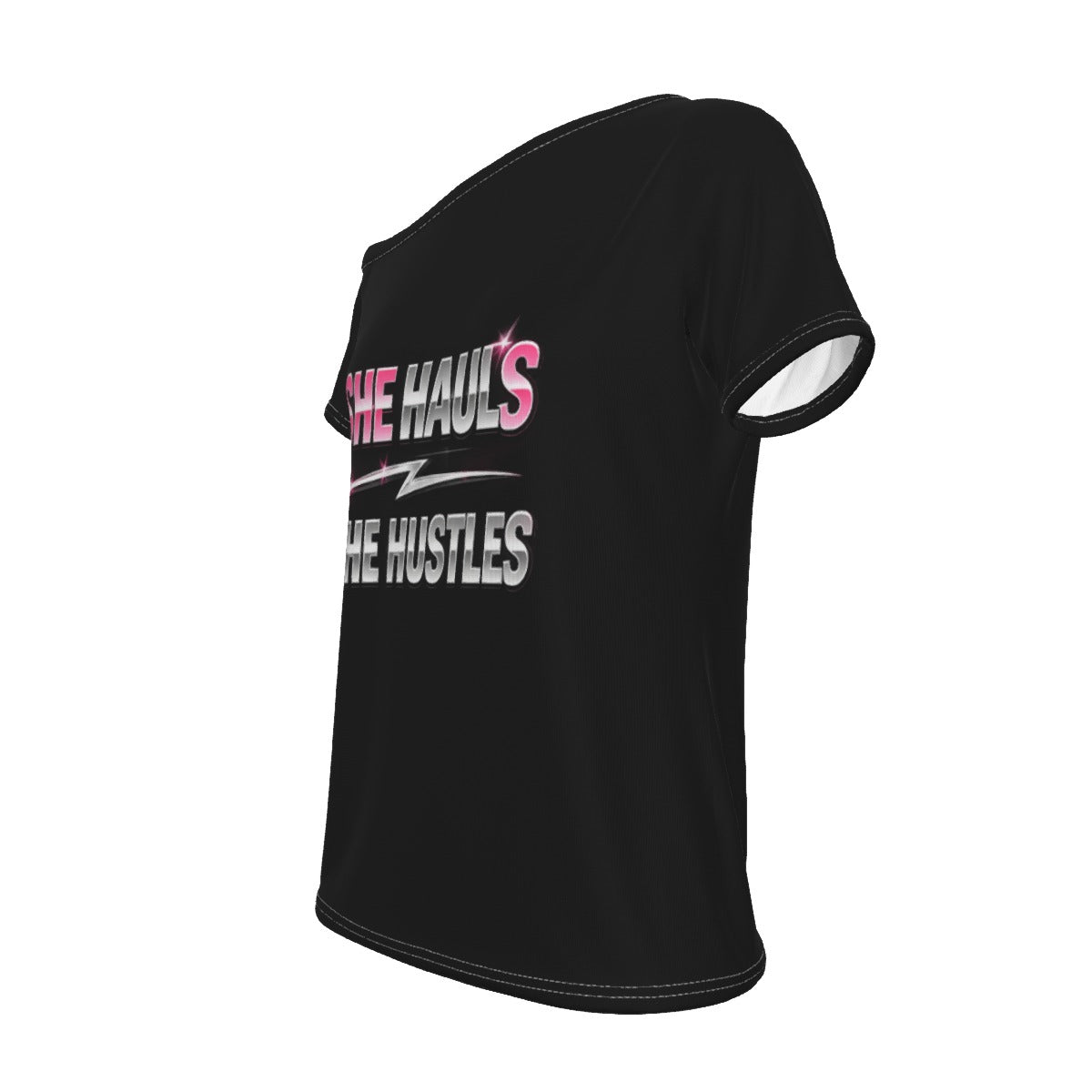 She Hauls. She Hustles. Off-Shoulder T-Shirt
