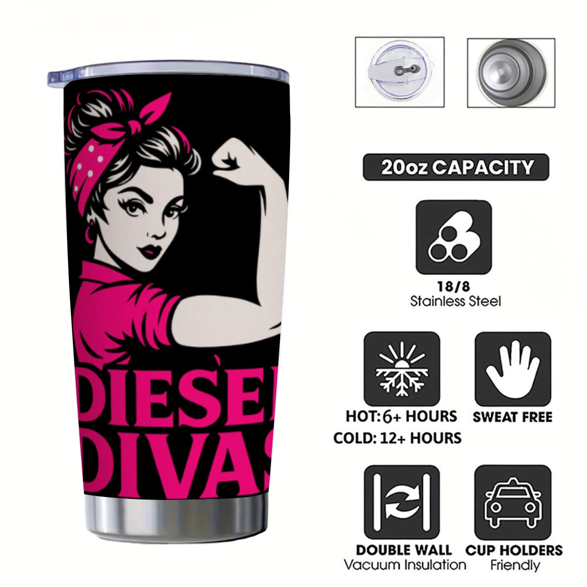 Diesel Divas Insulated Travel Tumbler Custom 20OZ Tumbler With Sliding Lid For The USA
