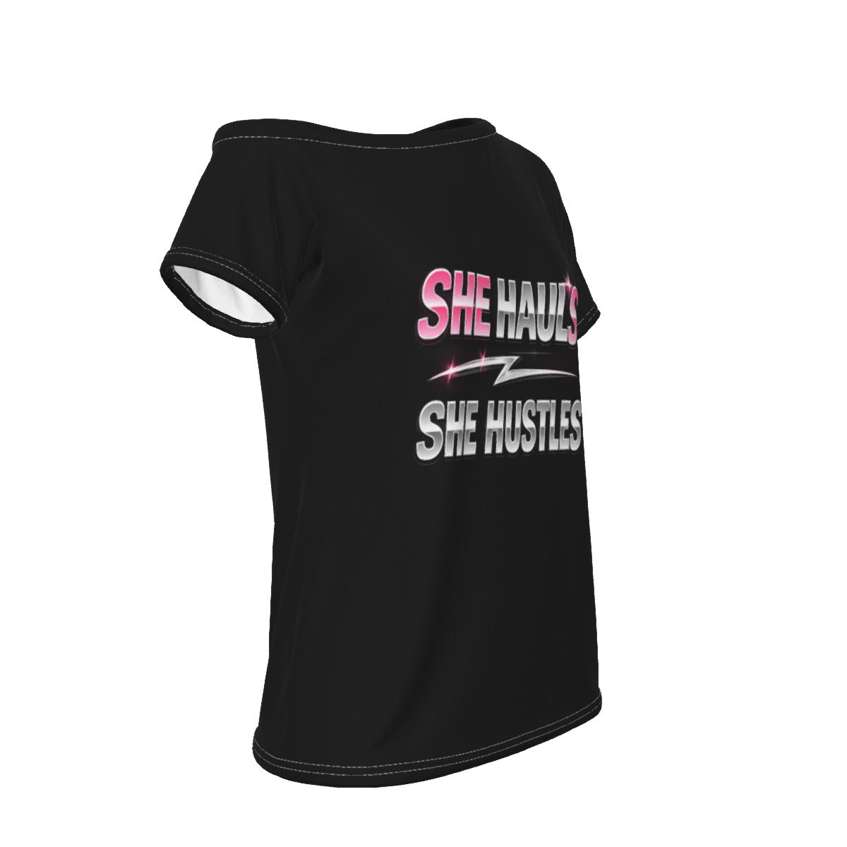 She Hauls. She Hustles. Off-Shoulder T-Shirt
